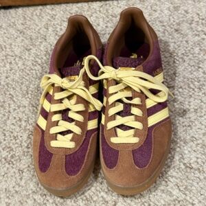 Adidas Gazelles Purple and Brown with Yellow Highlights